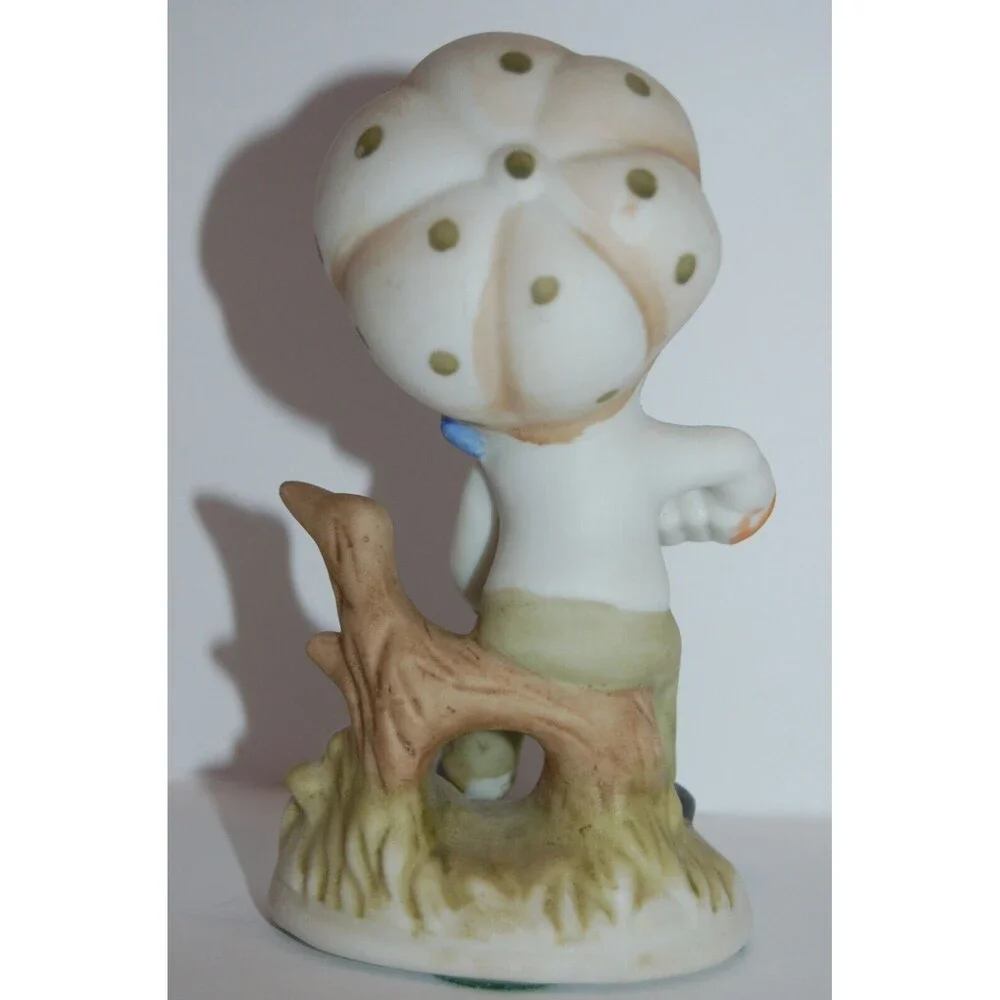 VTG Boy Sitting Playing Accordion Ceramic Figurine Mushroom Hat Green Polka Dots